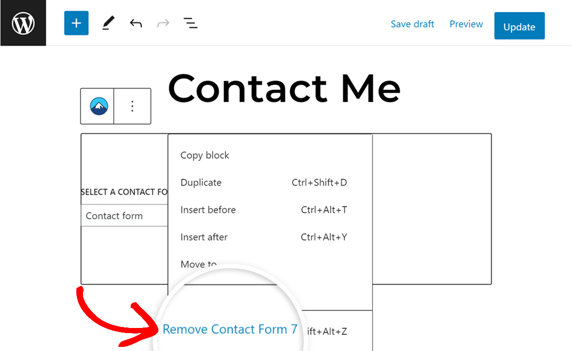 Removing the Contact Form 7 block