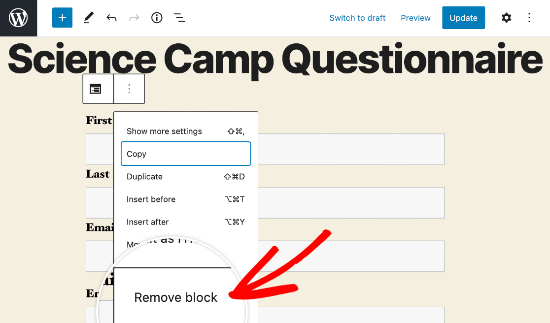Removing the Ninja Forms block from a page