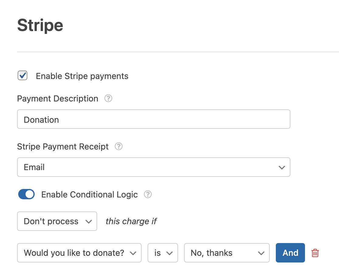 Setting up conditional logic for processing Stripe payments