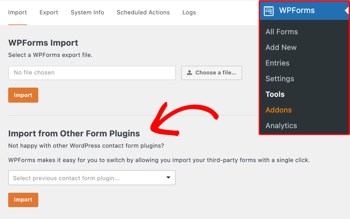 The WPForms Import from Other Form Plugins tool