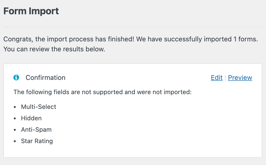 The following fields are not supported and were not imported message