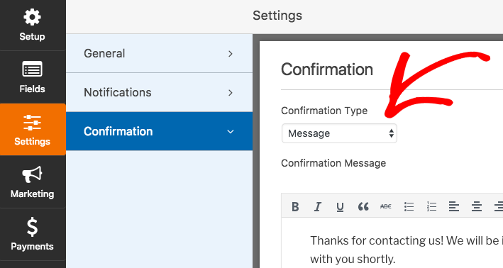 Confirmation Settings for message option