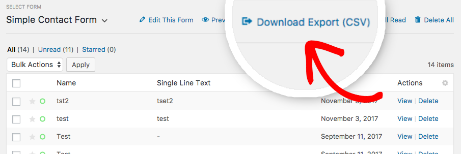 Export all form entries to CSV