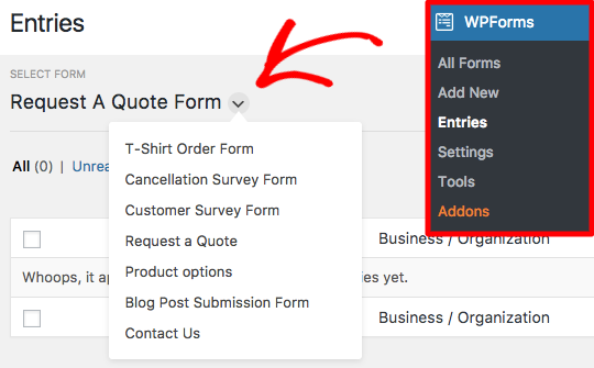 Select a form to view entries in WPForms