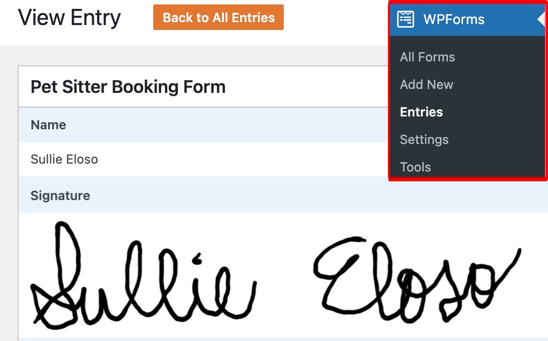 Viewing a user's signature in a form entry