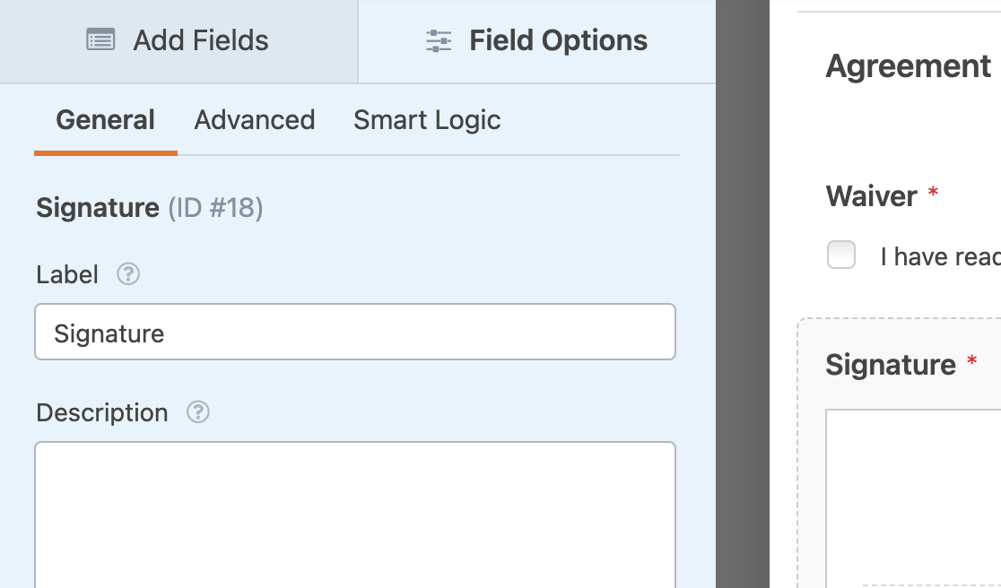 The field options for the Signature field