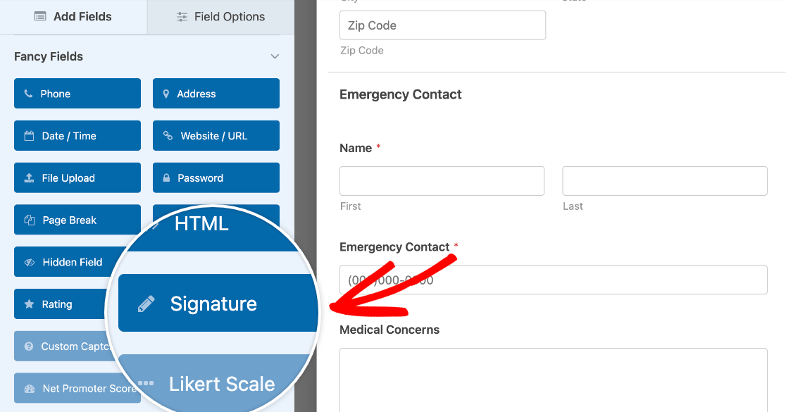 The Signature field in the WPForms form builder