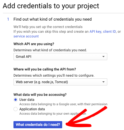 Adicione credenciais ao projeto de aplicativo do Gmail