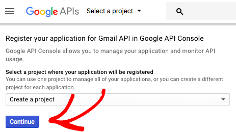 Crie um projeto para o registro do aplicativo do Gmail