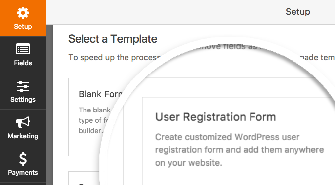 Create new form with User Registration template