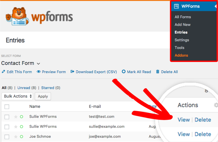 View individual entry page in WPForms