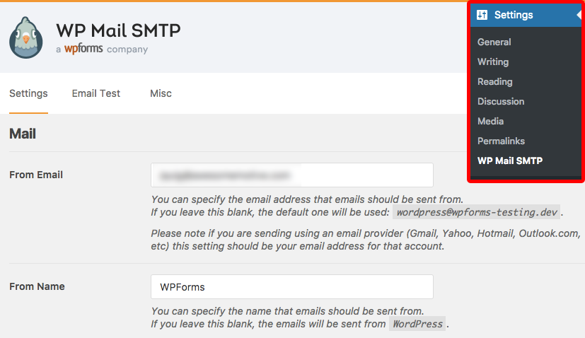 Configurações SMTP do WP Mail