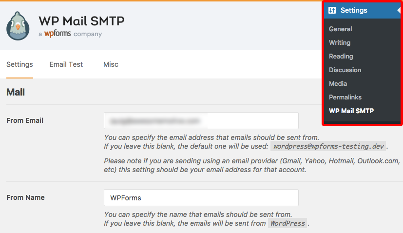 WP Mail SMTP settings