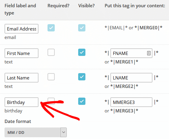 Create MailChimp Custom Fields - MailChimp List Fields and Merge Tags Screen, Birthday Custom Field