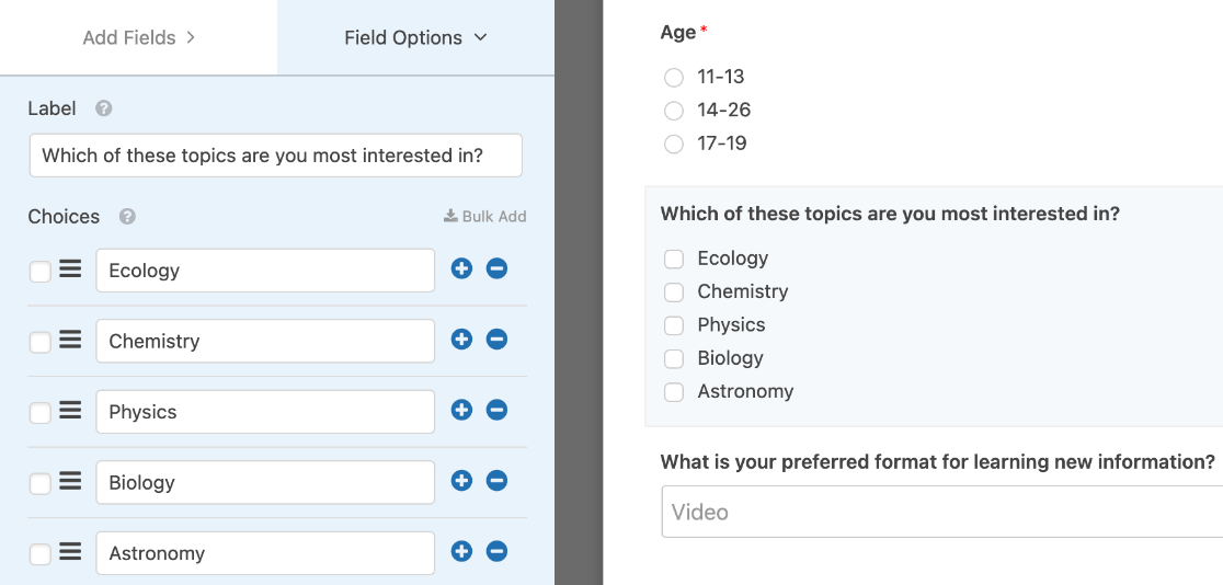 Adding a label and options to a Checkboxes field