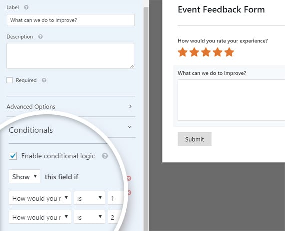 conditionally hide or display fields based on ratings