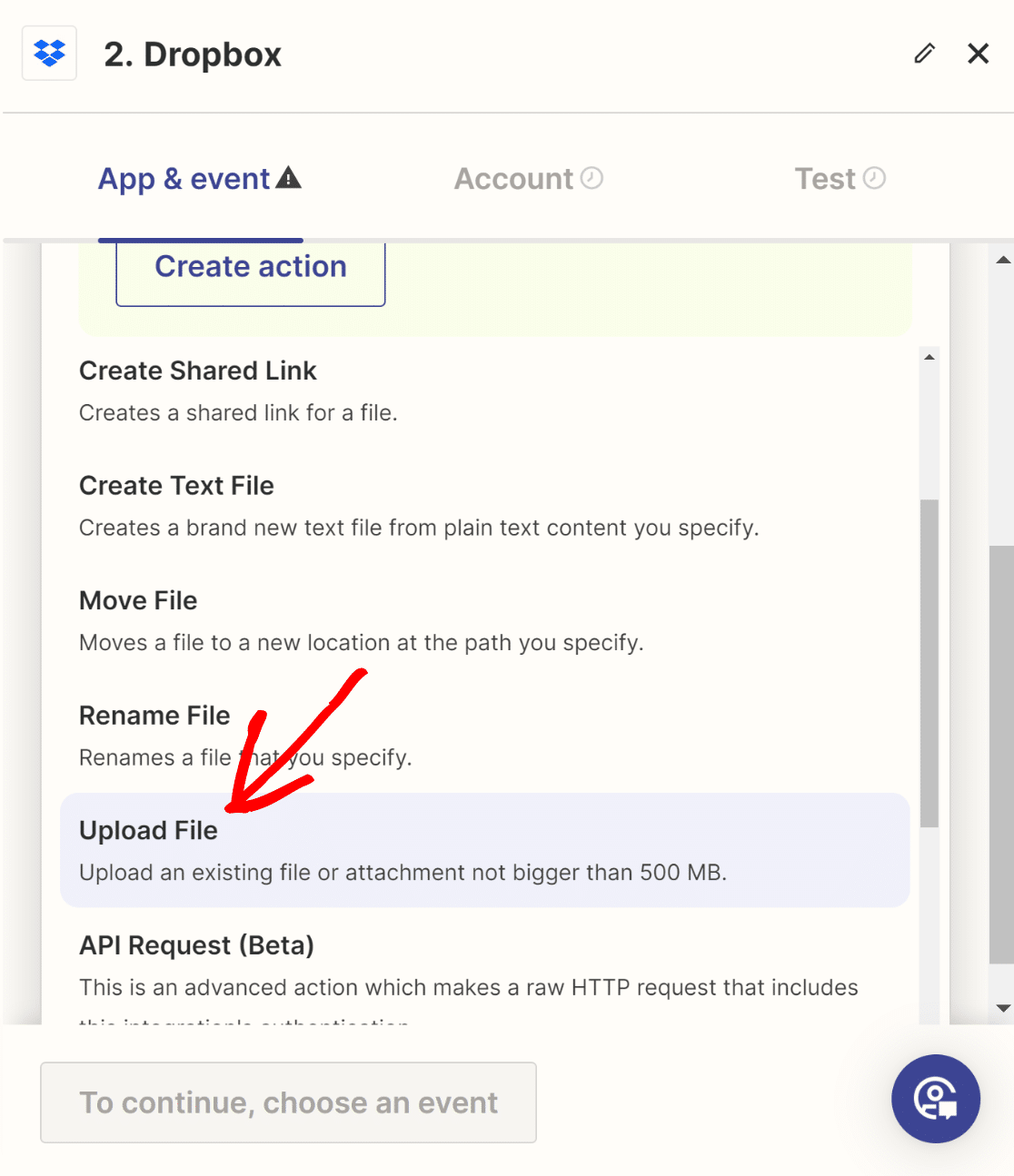 Selecting Dropbox action event