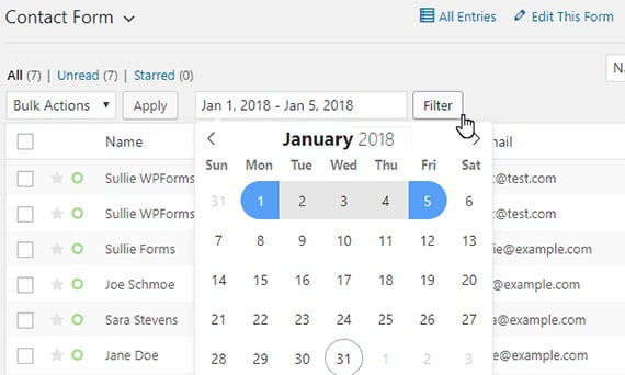 filter wordpress form entries by date