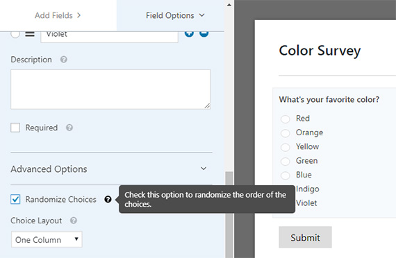 randomize multiple choice field in wordpress form