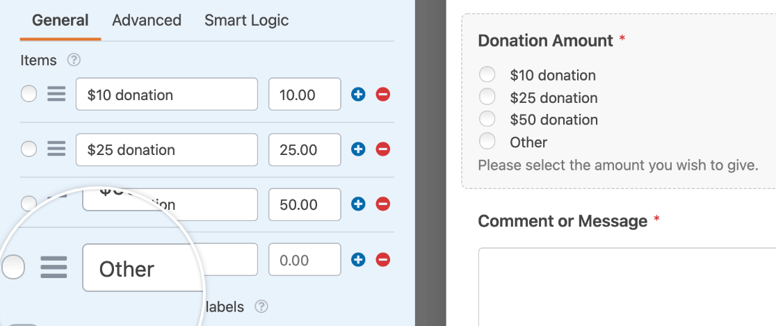 Adding an "Other" option to the Multiple Items field in a donation form