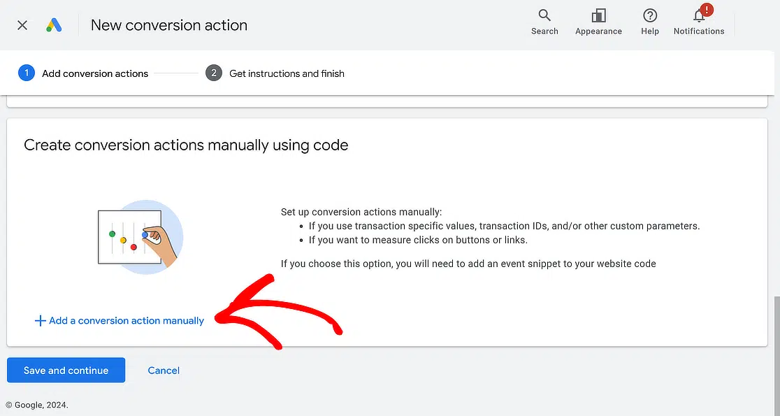 add conversion action manually