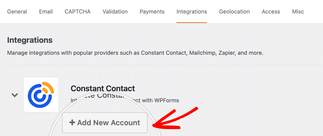 Adding a new Constant Contact account to WPForms