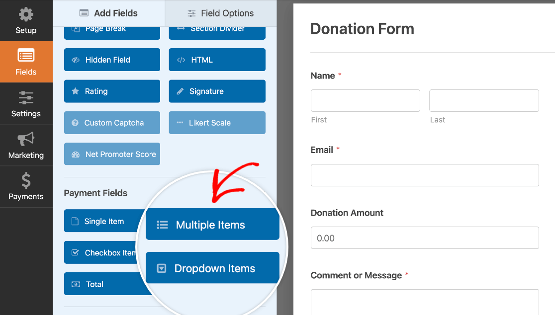 Adding a Multiple Items field to a donation form