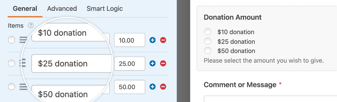 Customizing the donation options in a Multiple Items field