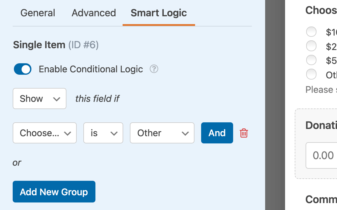 Setting up the conditional logic rule for the Donation Amount field