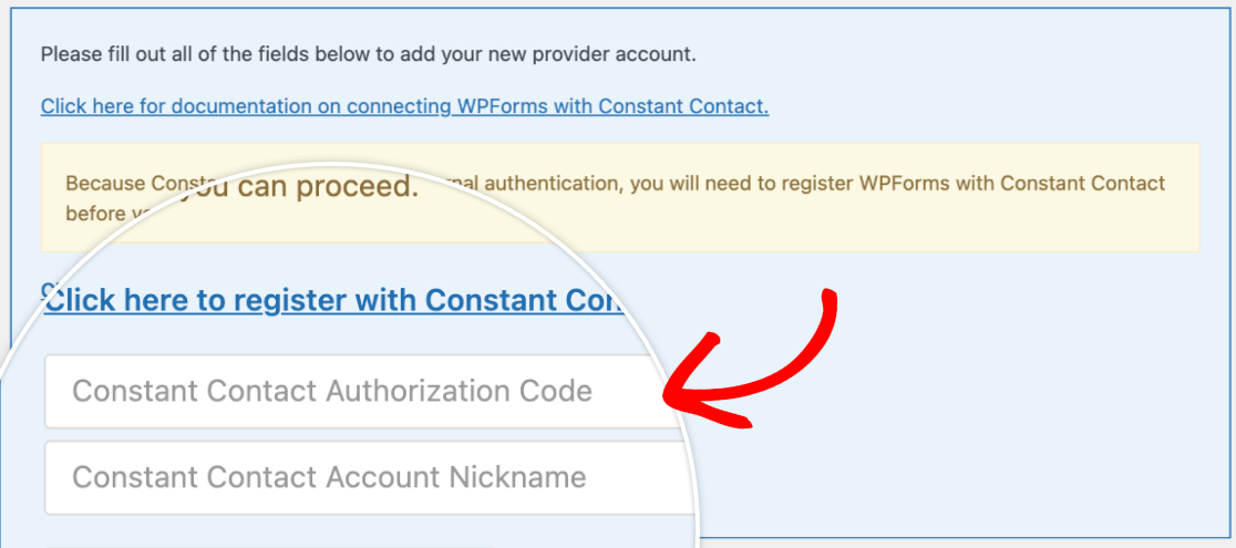 Adding the Constant Contact authorization code to the WPForms integration settings