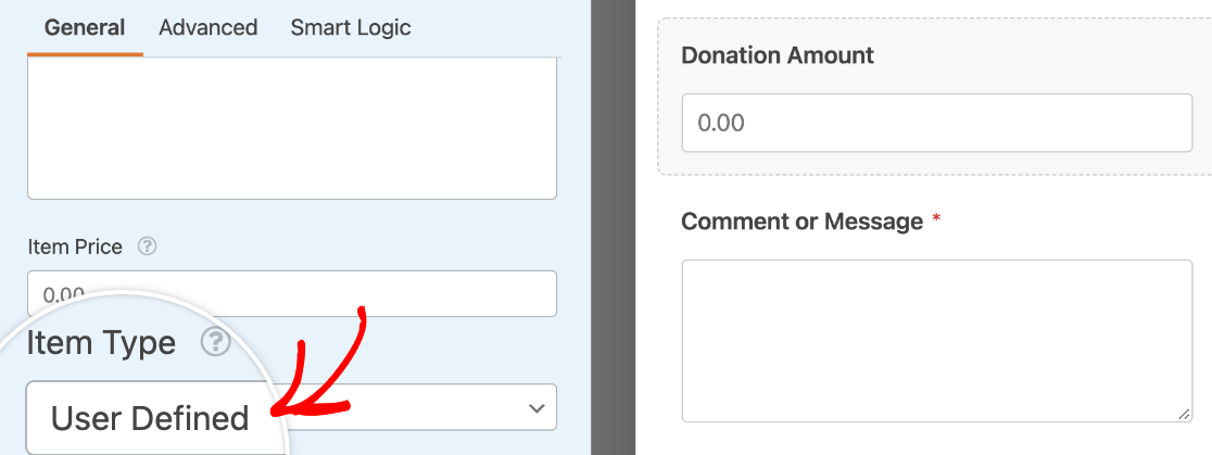 Setting the Single Item Item Type to User Defined