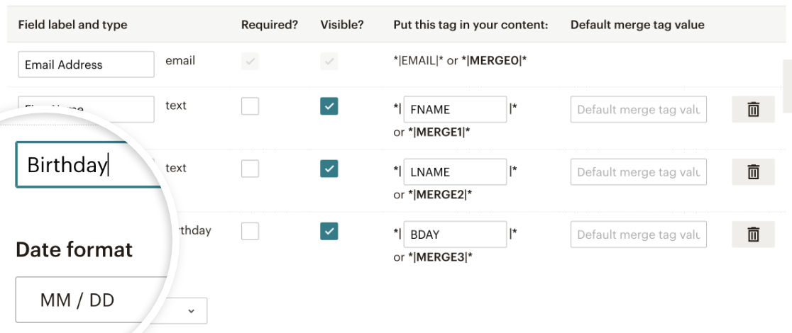 Naming the Birthday field in Mailchimp