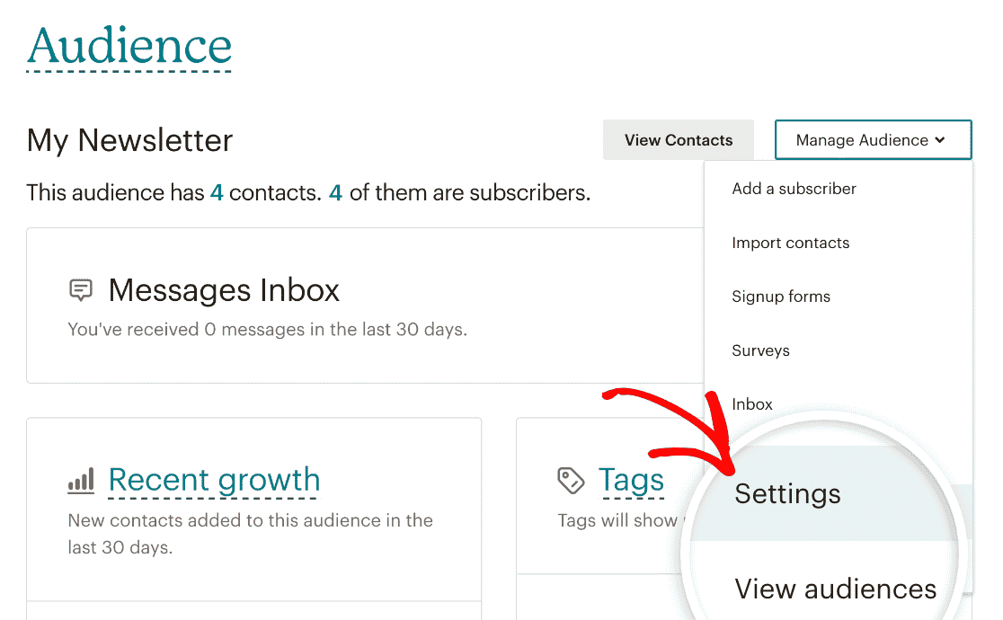 Opening audience settings in Mailchimp