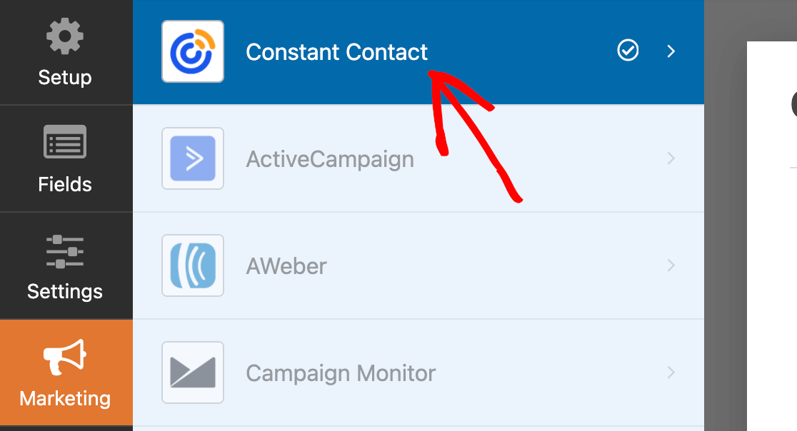 Accessing the Constant Contact settings in the Marketing tab of the form builder