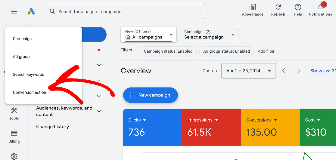 select conversion action google ads