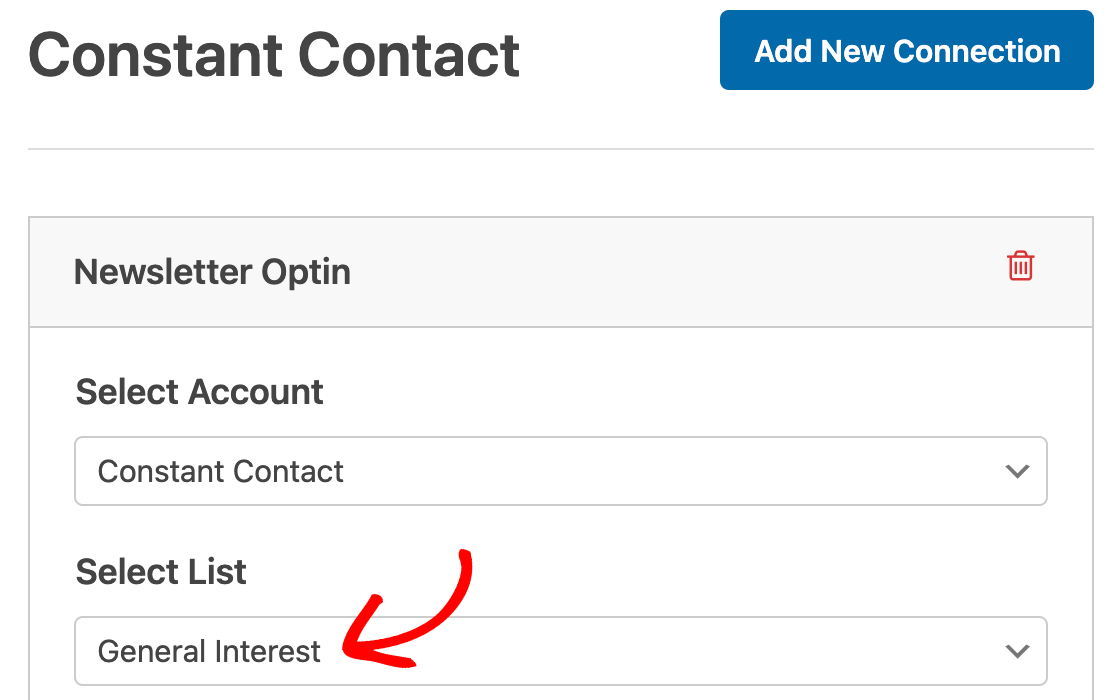 Selecting a Constant Contact list to add contacts to