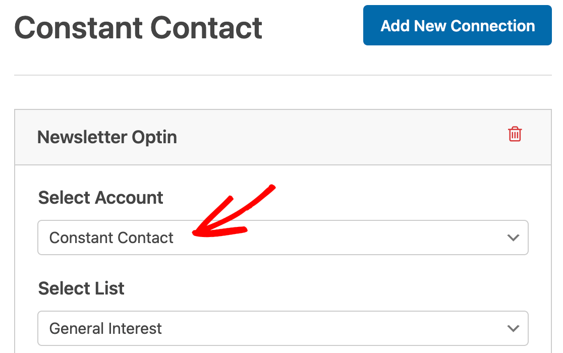 Selecting a Constant Contact account for a form marketing connection