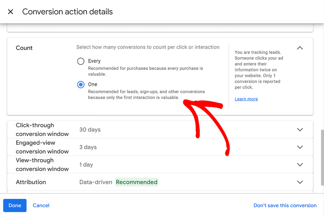 set count for conversion action