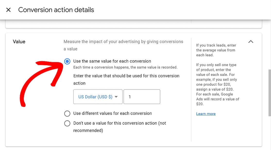 set value for conversion action