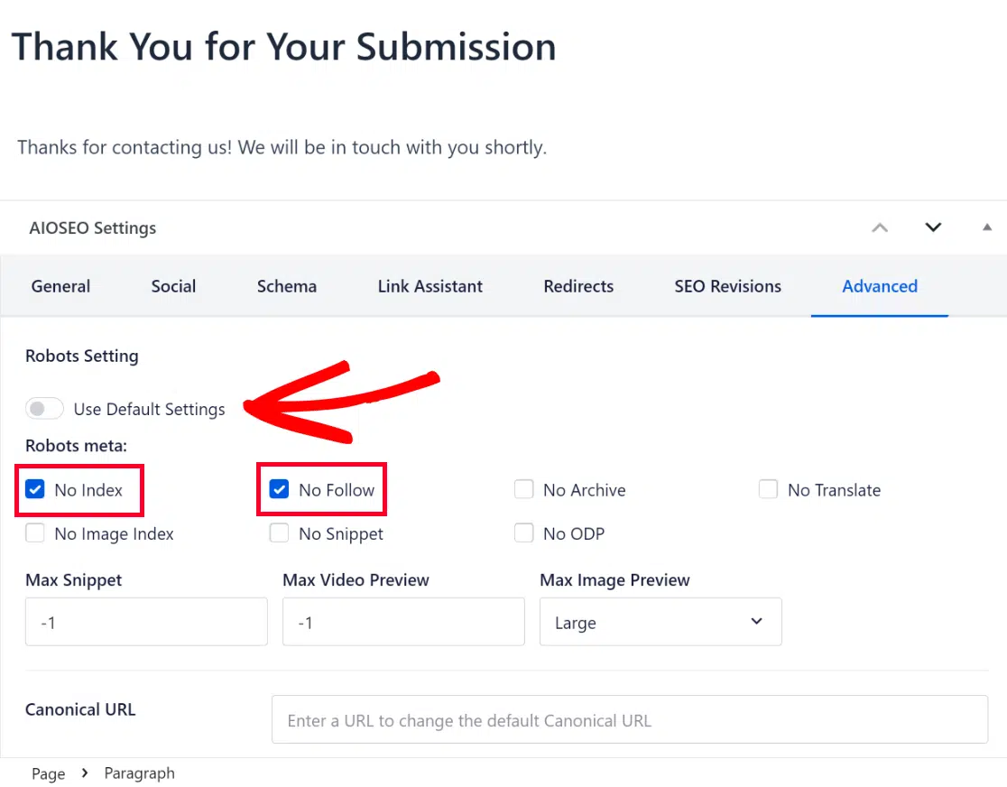 thank you page robots setting