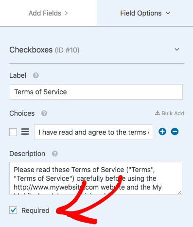 Add terms of service details to description field