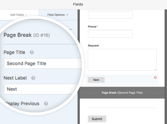 Page Break field options in WPForms