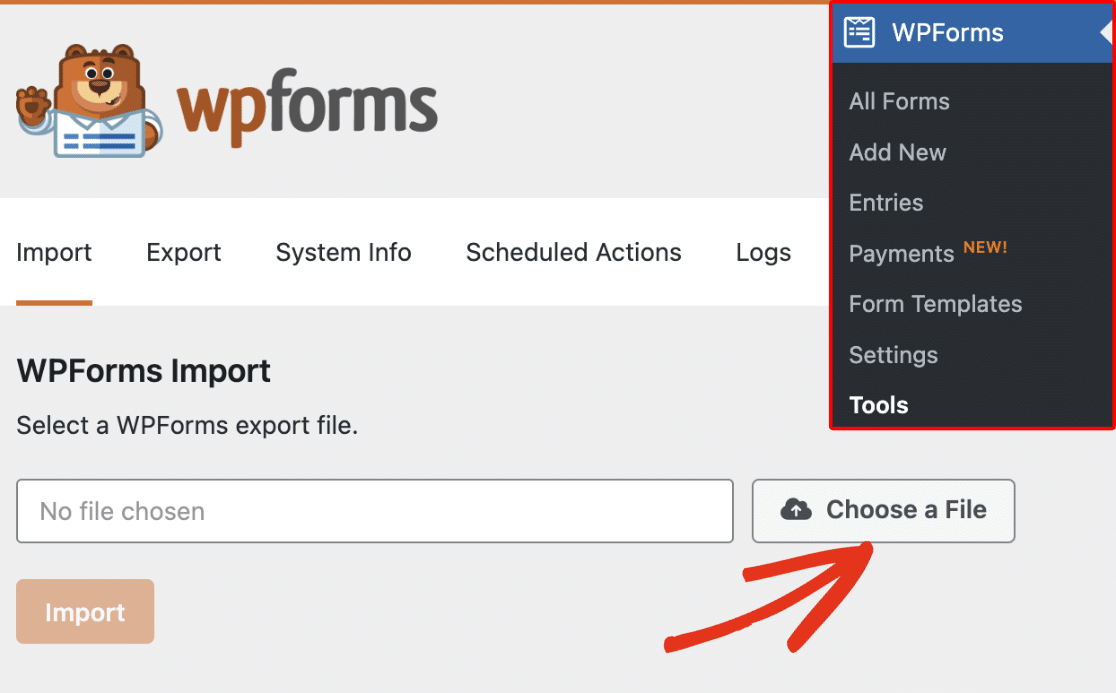 Choosing a file to import forms