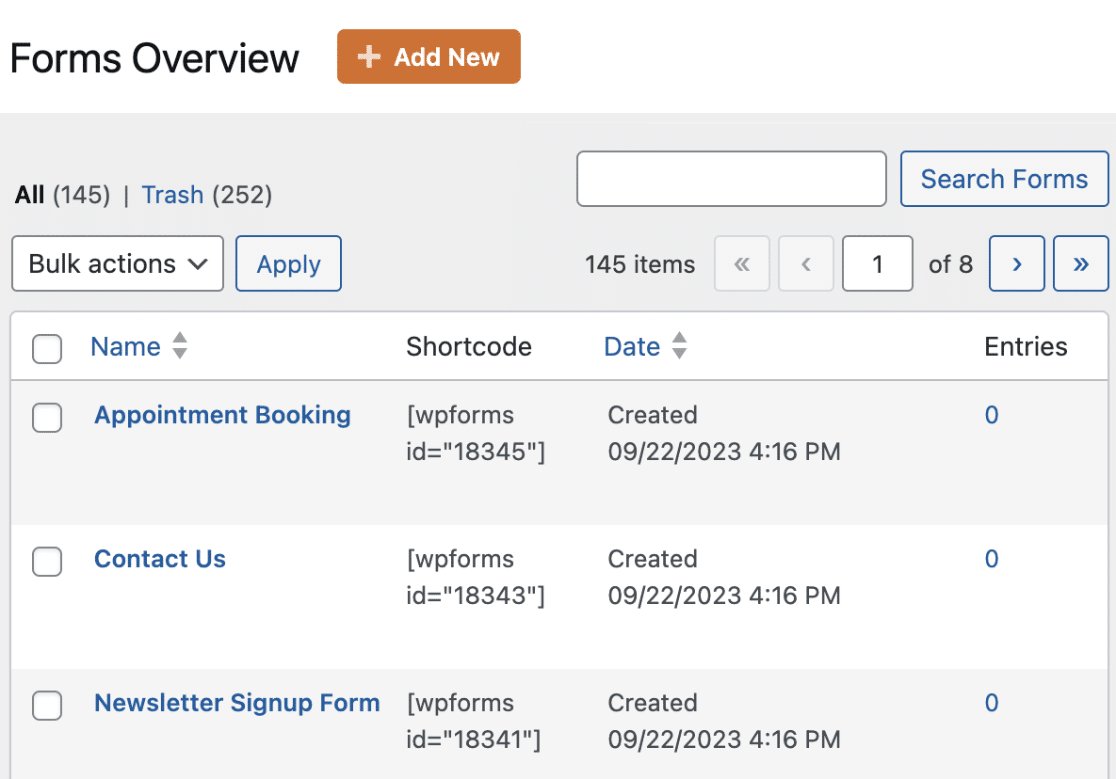 Viewing imported forms on the Forms Overview page