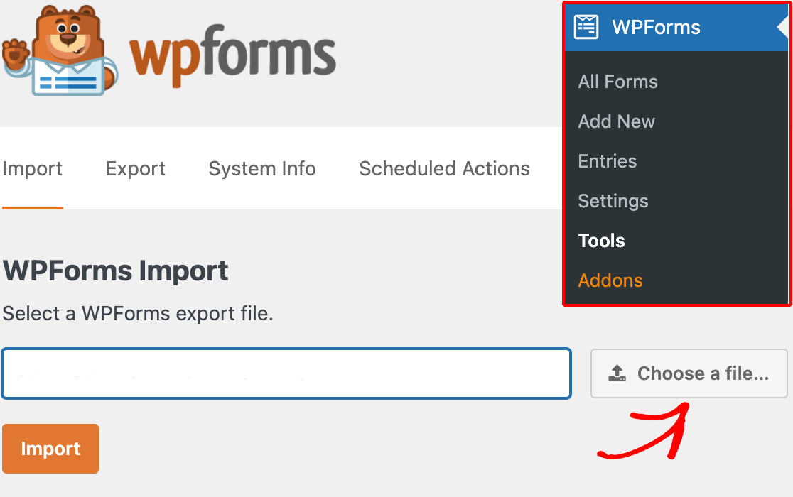 Choosing a file to import forms