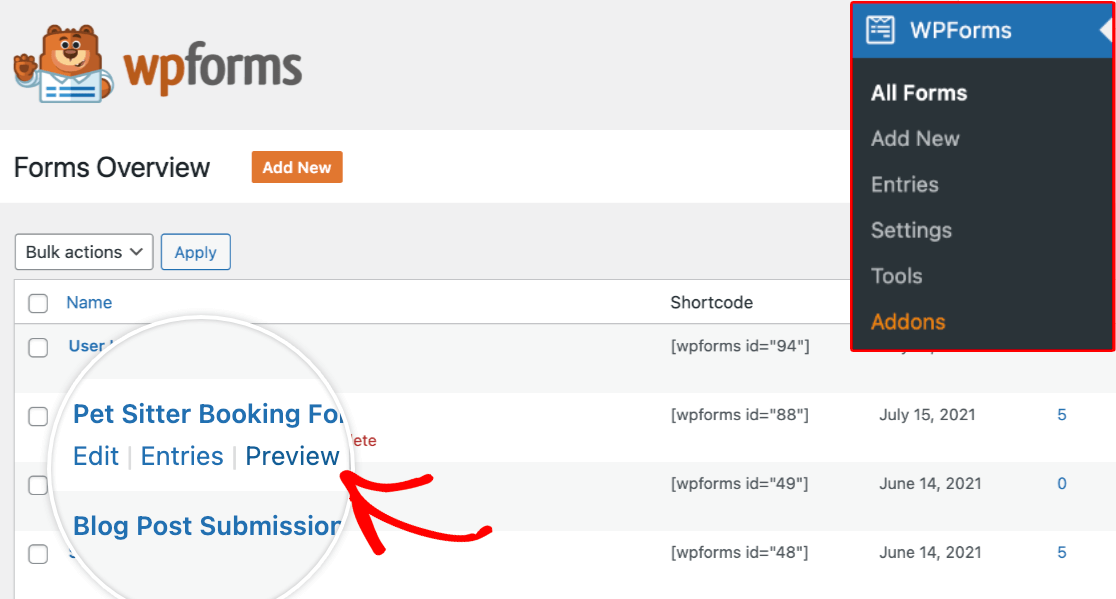 Preview form option on WPForms
