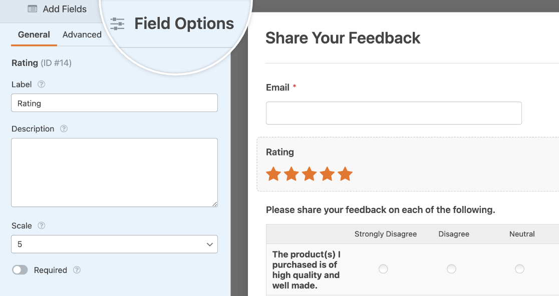 Opening the Field Options panel for a Rating field