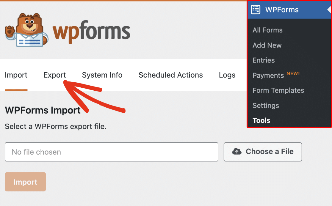 Accessing the form export tool