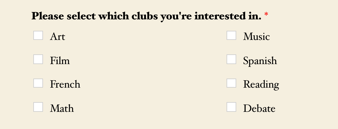 A 2-column choice layout for a Checkboxes field