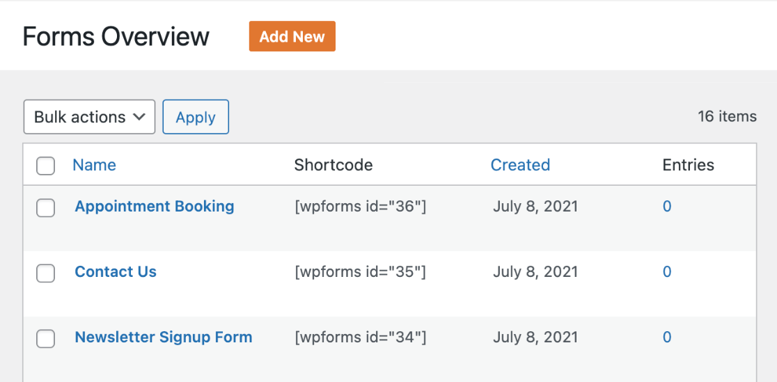 Viewing imported forms on the Forms Overview page